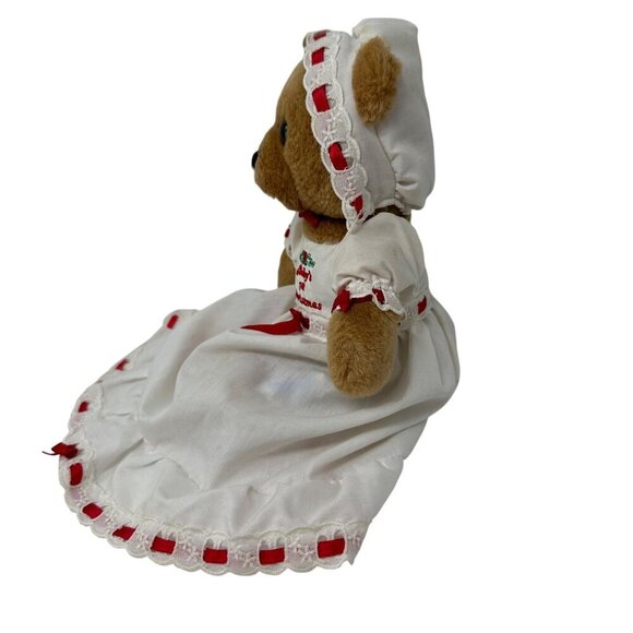Vintage 1st Christmas Teddy Bear By Dakin 1983 White Red Dress Bonnet Babys - Picture 8 of 12